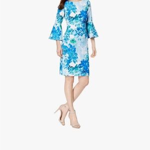 Calvin Klein Blue Floral Dress with Bell Sleeves
